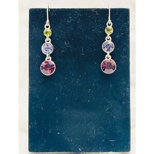 Vintage Napier Silver Tone 3 Round Rhinestone Dangle Earrings w/Lever Back Posts